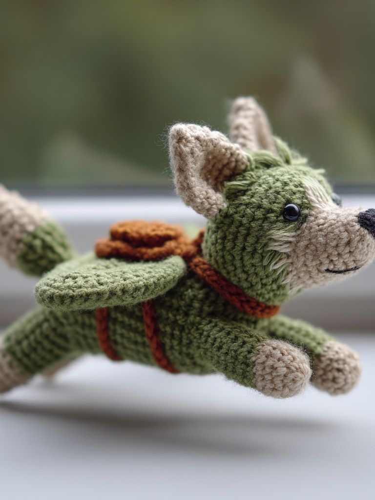 Crocheted Flying Dog Illustration Print. poster detail