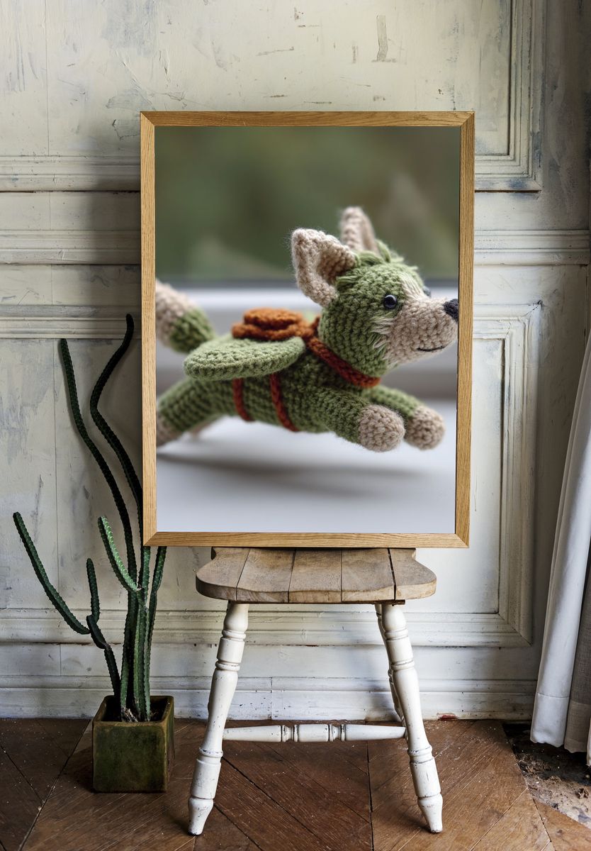 Crocheted Flying Dog Illustration Print. room preview