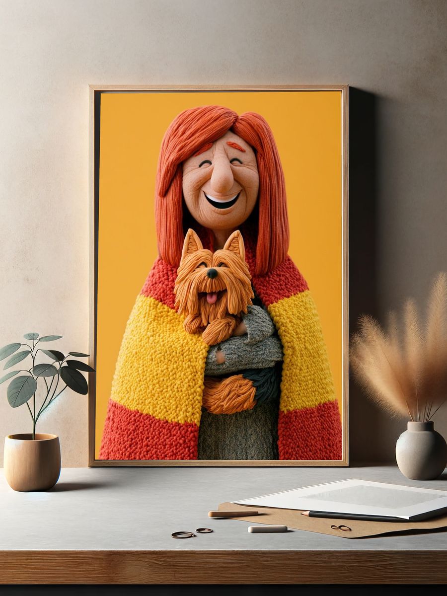 Woman with Yorkshire Terrier Illustration Poster. — room view 2