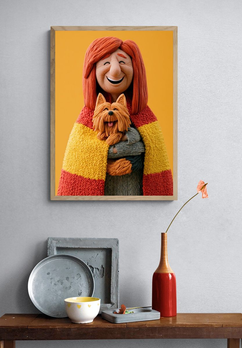 Woman with Yorkshire Terrier Illustration Poster. — room view 3