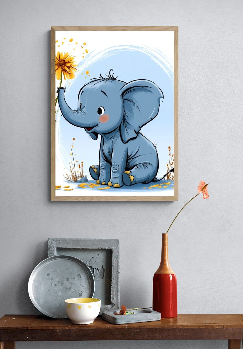 Baby Elephant with Flower Illustration Poster. — room view 3