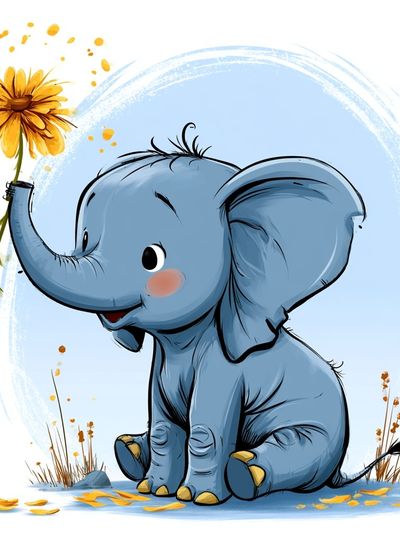 Baby Elephant with Flower Illustration Poster. poster print