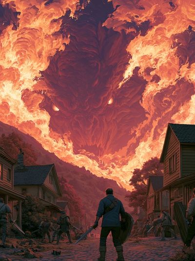 Infernal Dragon Village Fantasy Poster. poster