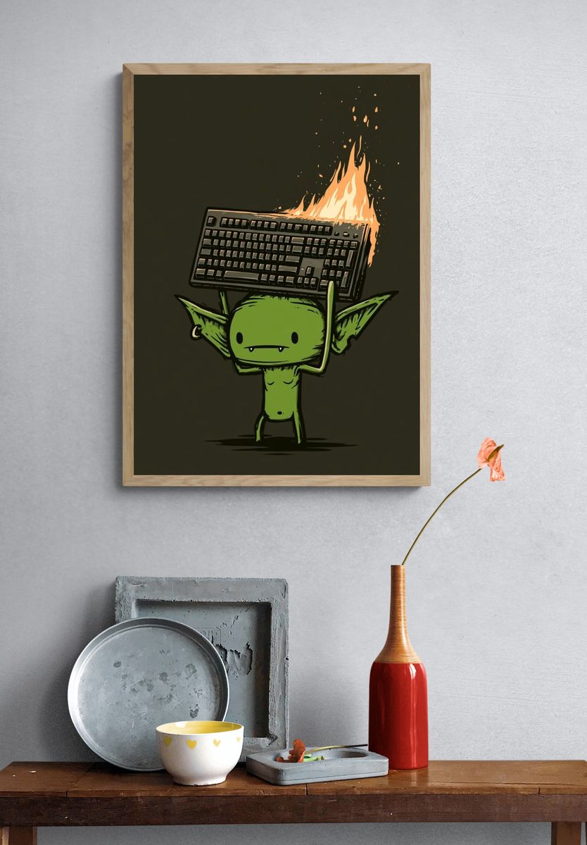 Burning Keyboard Goblin Illustration Poster. — room view 3