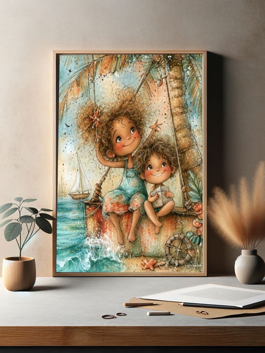 Beach Children Illustration Poster. — room view 2