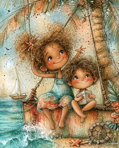 Beach Children Illustration Poster.