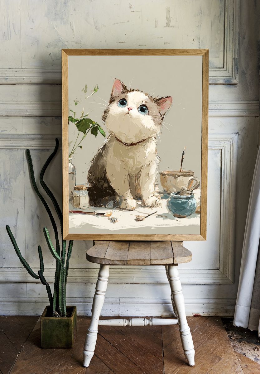 Curious Cat Still Life Illustration Poster. room preview