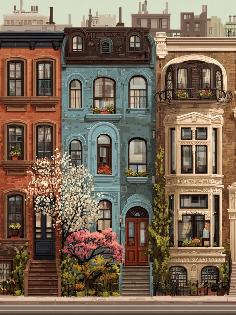 Colorful Brownstone Rowhouses Illustration Poster. poster detail