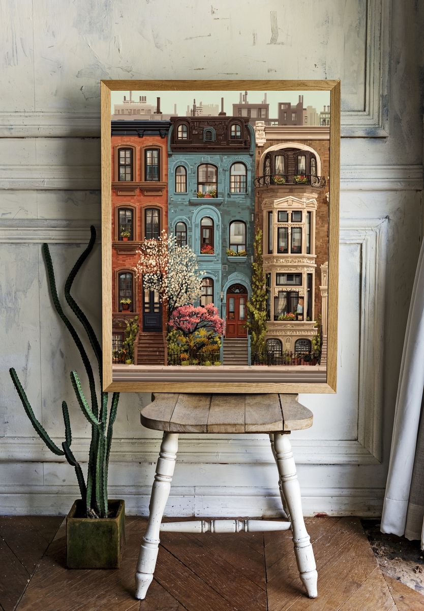 Colorful Brownstone Rowhouses Illustration Poster. — room view 1