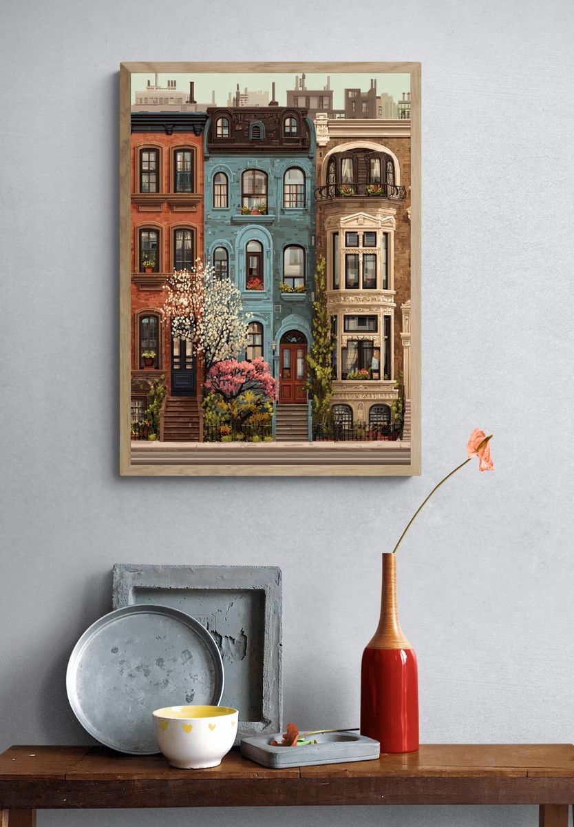 Colorful Brownstone Rowhouses Illustration Poster. — room view 3