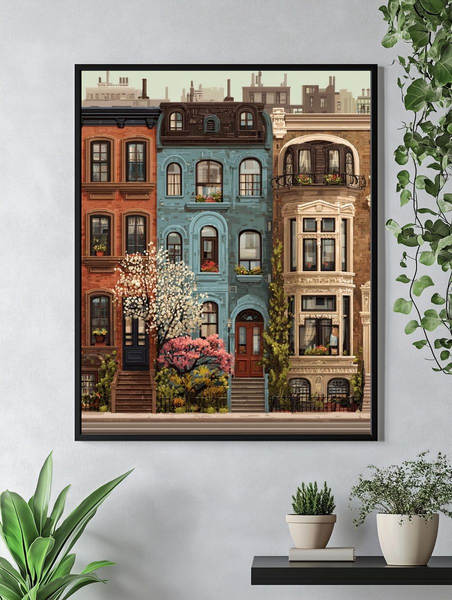 Colorful Brownstone Rowhouses Illustration Poster. — room view 4