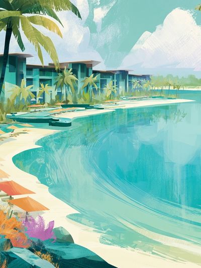 Tropical Lagoon Resort Illustration Poster. poster print
