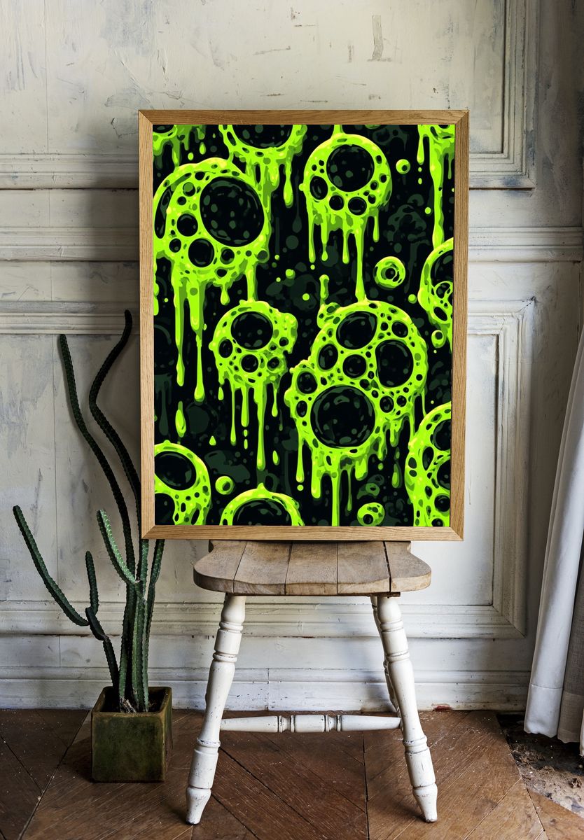 Neon Slime Skulls Abstract Poster. room preview