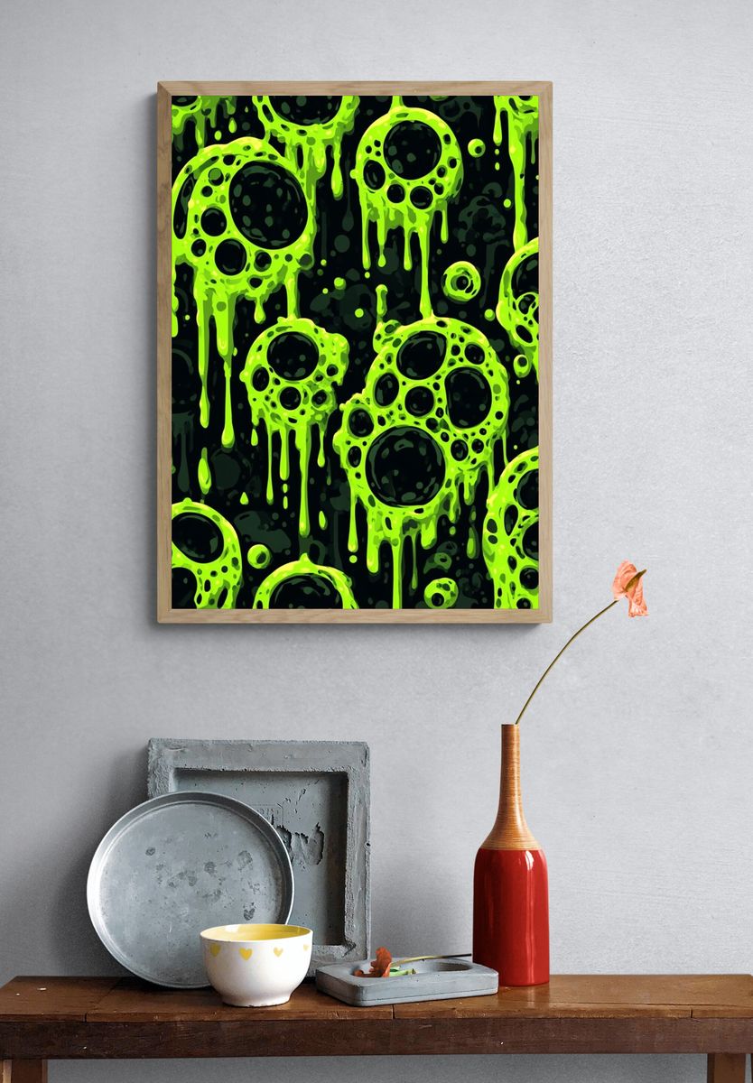 Neon Slime Skulls Abstract Poster. — room view 3