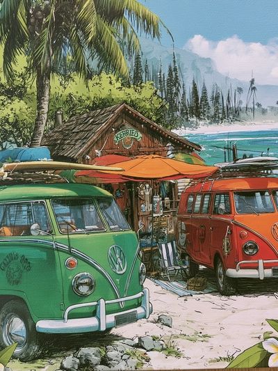 Tropical Surf Vans Illustration Poster. poster