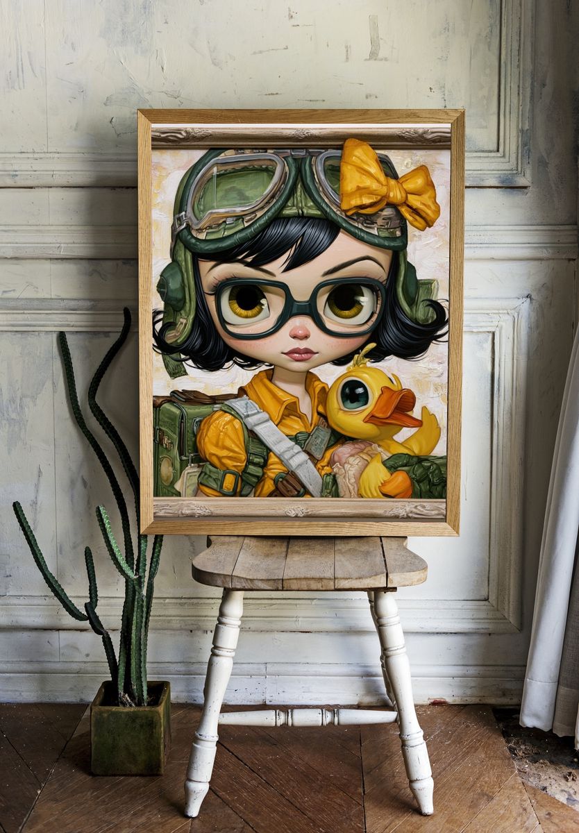 Aviator Girl with Duck Illustration Poster. — room view 1
