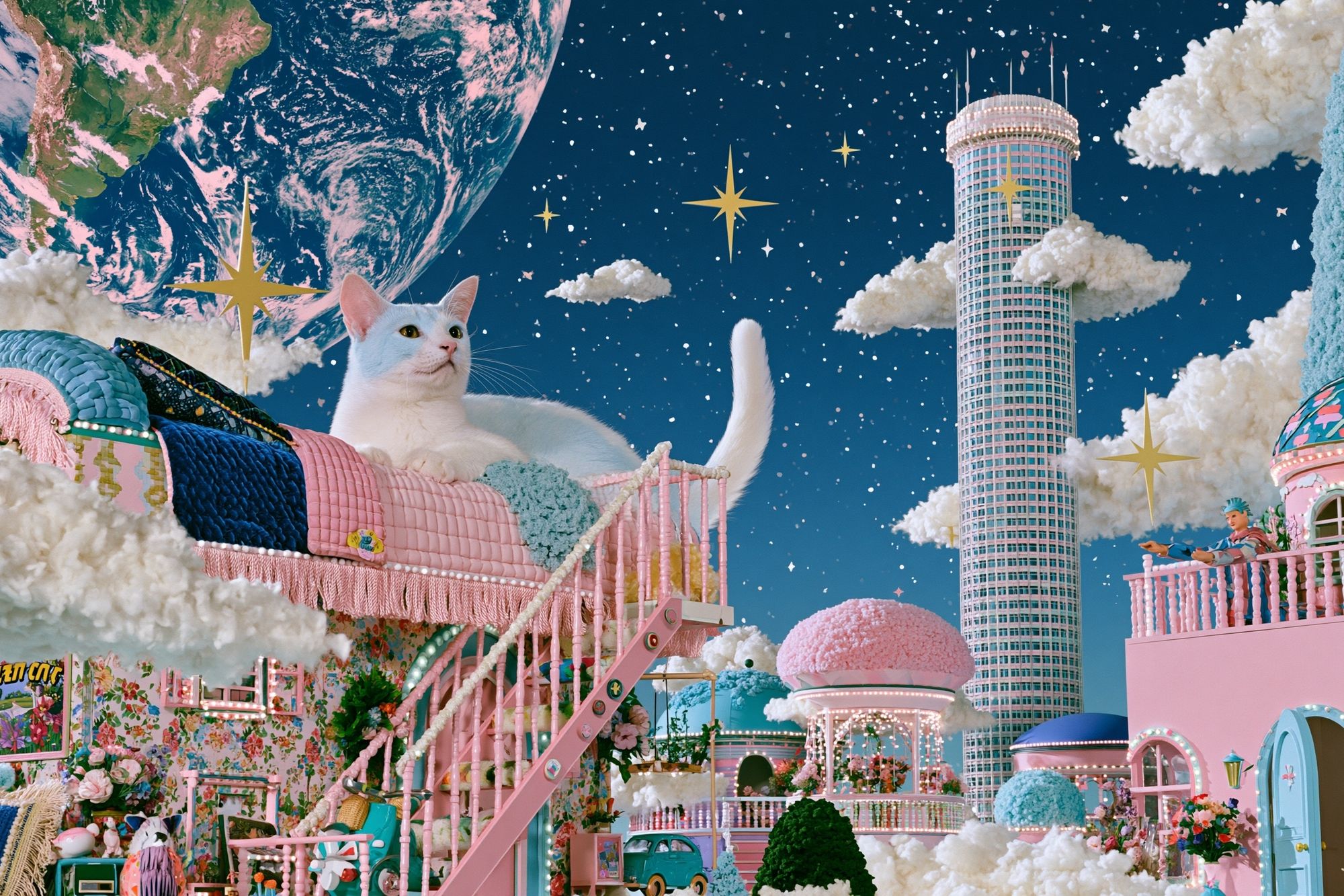 Dreamy Cat Cityscape Fantasy Print. poster detail