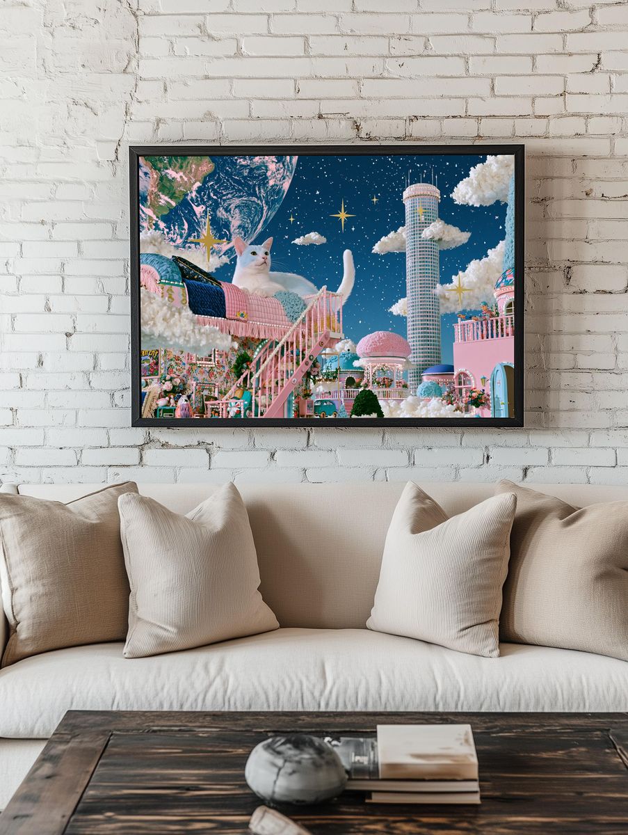Dreamy Cat Cityscape Fantasy Print. — room view 1