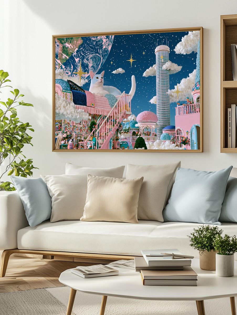 Dreamy Cat Cityscape Fantasy Print. — room view 2