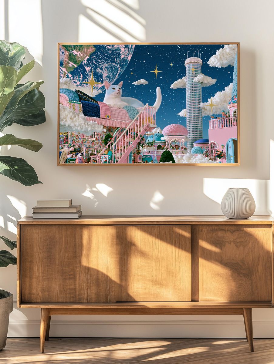 Dreamy Cat Cityscape Fantasy Print. — room view 3