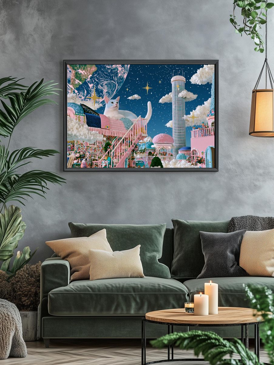 Dreamy Cat Cityscape Fantasy Print. — room view 4