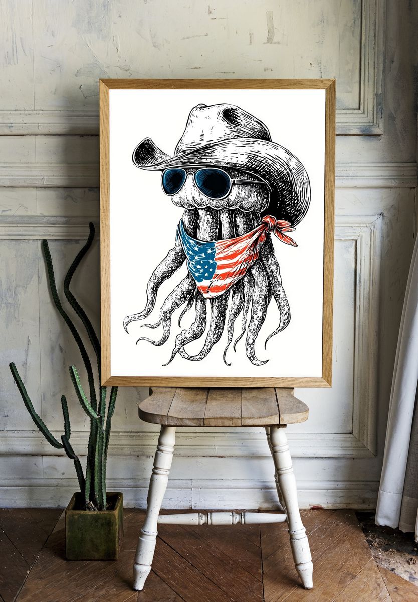 Cowboy Octopus Illustration Poster. — room view 1