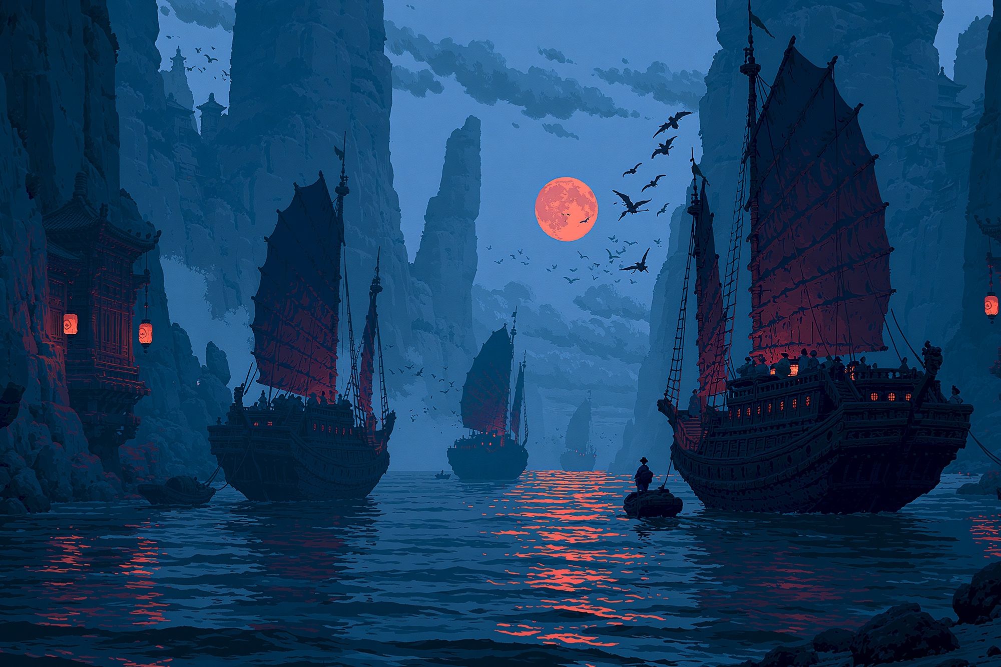 Moonlit Pirate Harbor Fantasy Print. poster detail
