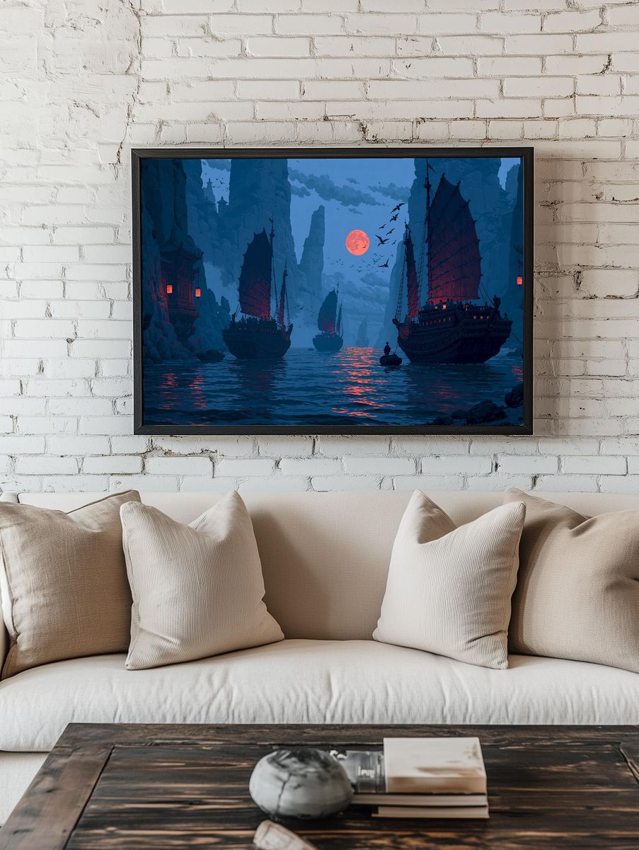 Moonlit Pirate Harbor Fantasy Print. room preview