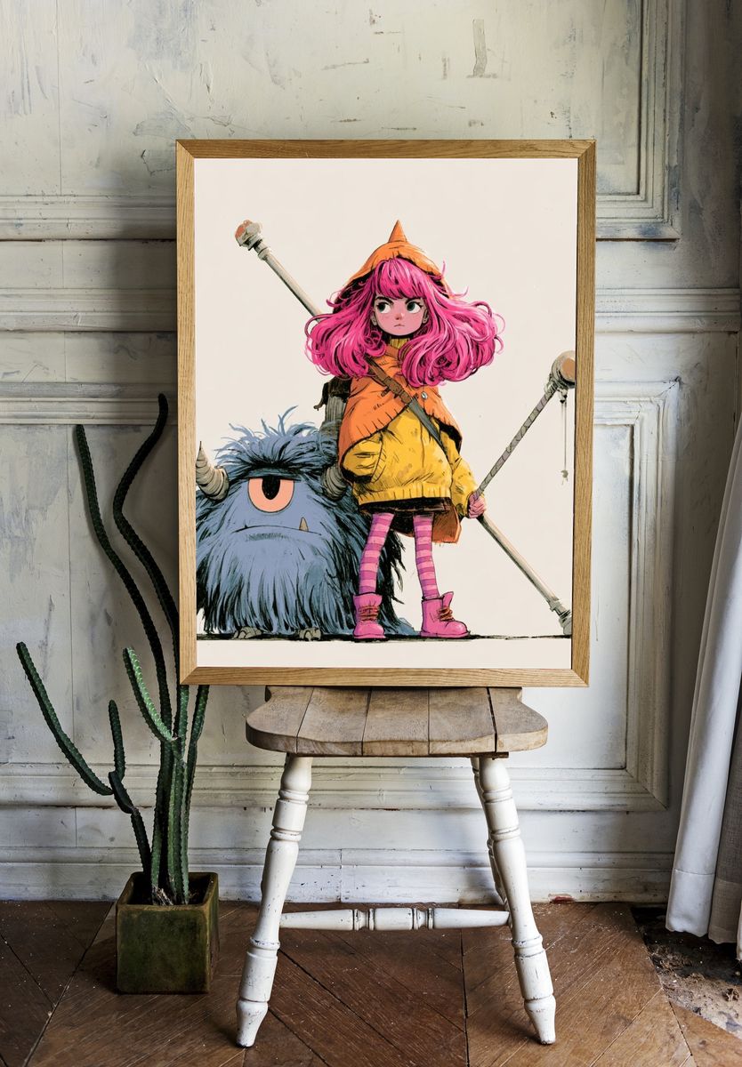 Fantasy Girl and Monster Illustration Poster. — room view 1