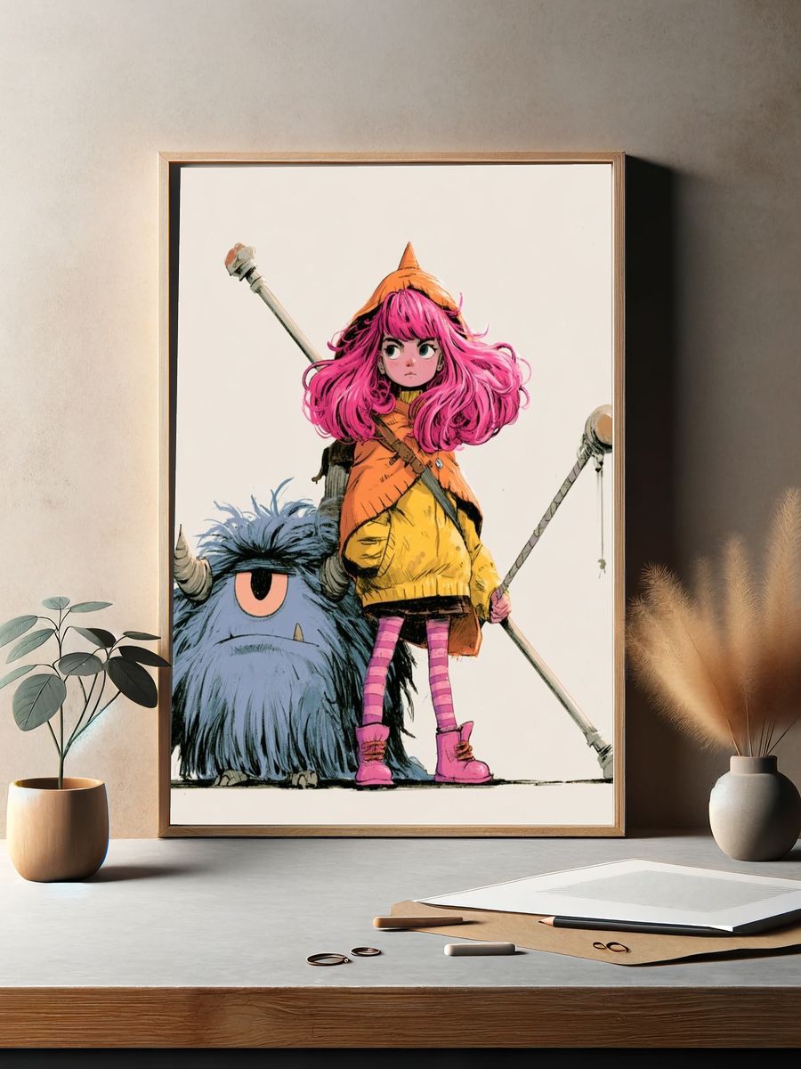 Fantasy Girl and Monster Illustration Poster. — room view 2