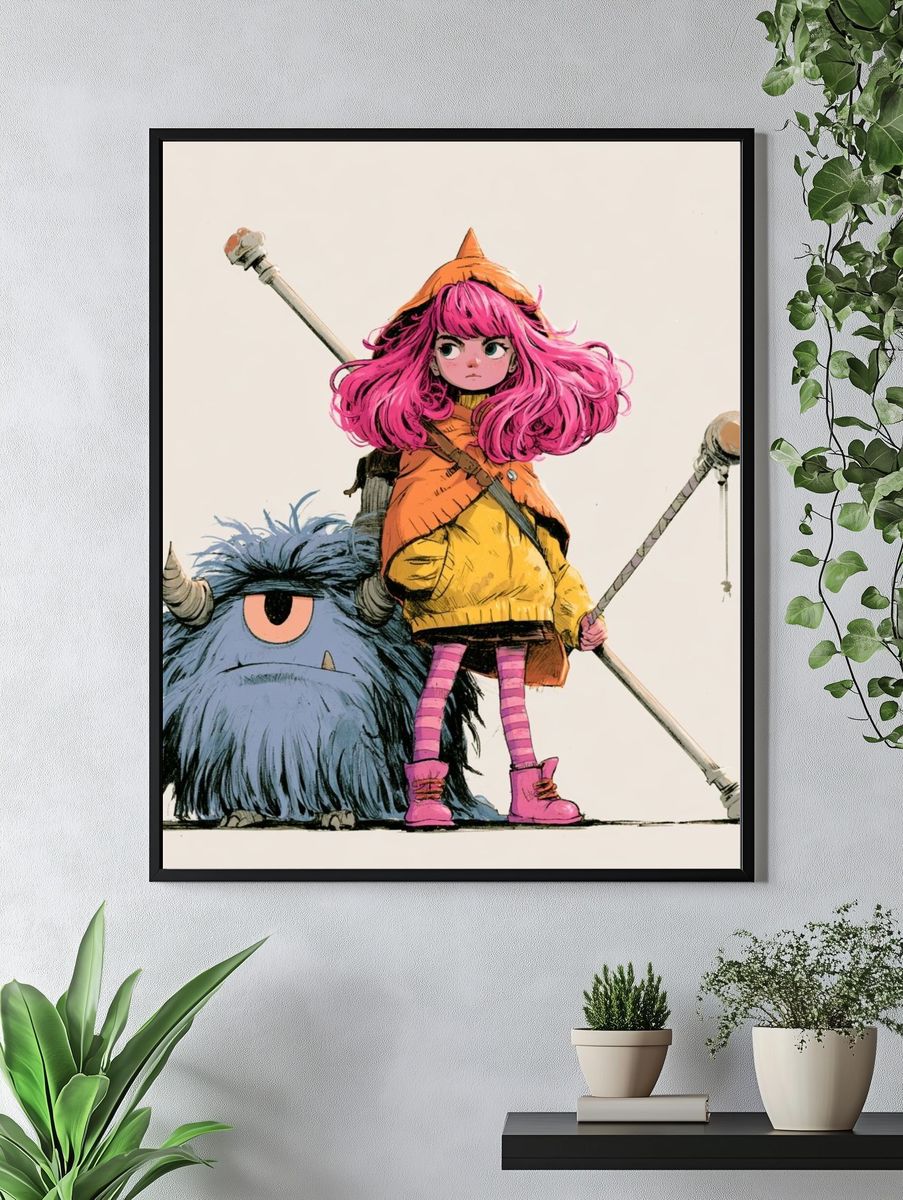 Fantasy Girl and Monster Illustration Poster. — room view 4