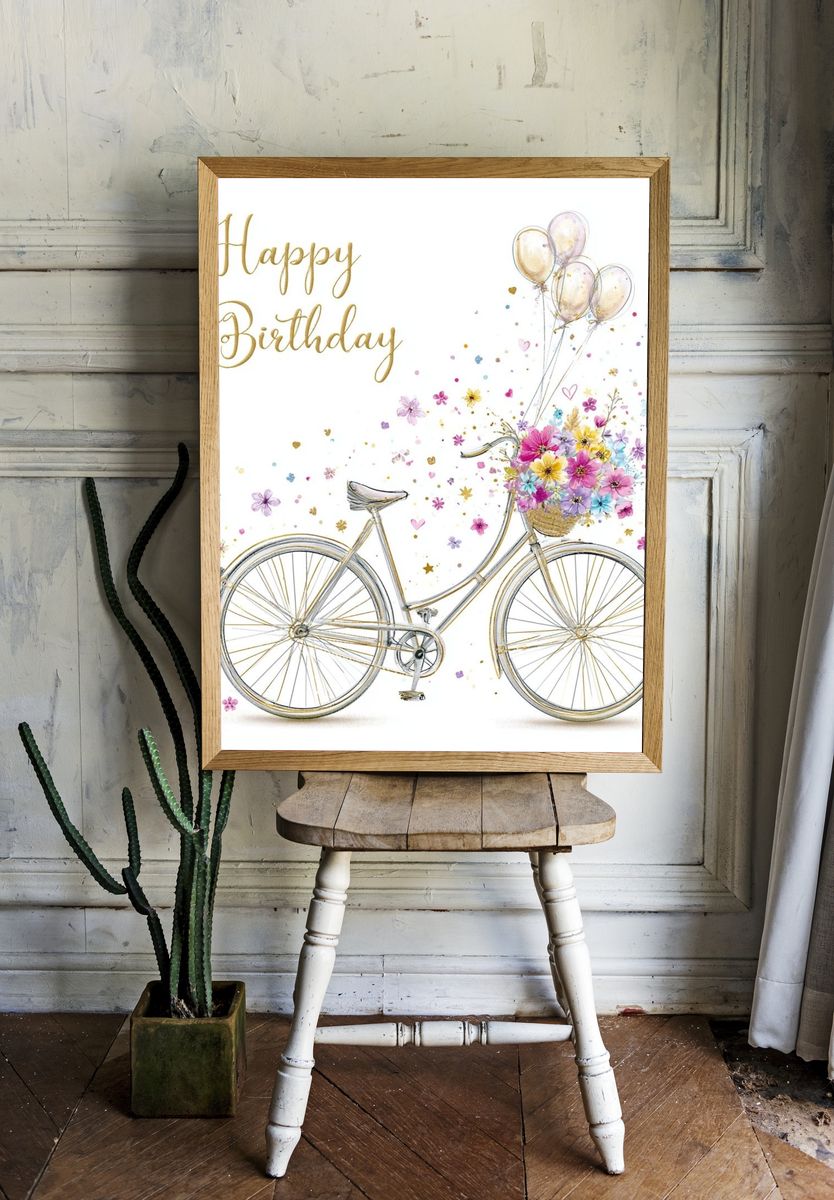 Happy Birthday Bicycle Illustration Poster. — room view 1