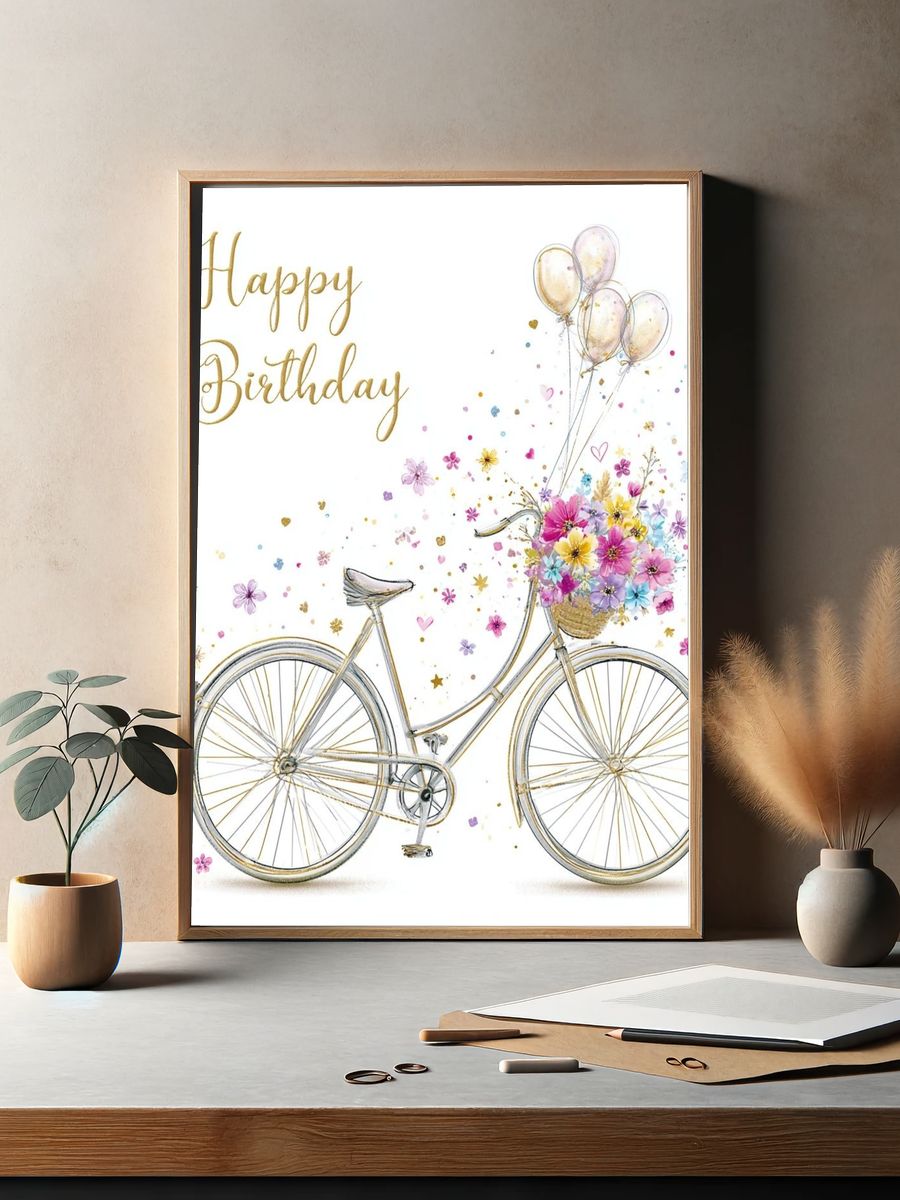 Happy Birthday Bicycle Illustration Poster. — room view 2