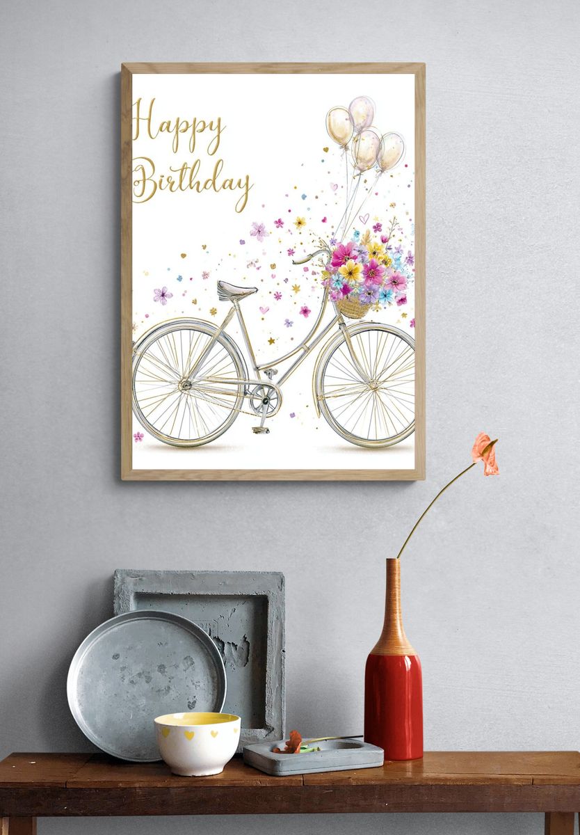 Happy Birthday Bicycle Illustration Poster. — room view 3