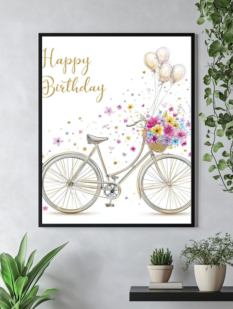 Happy Birthday Bicycle Illustration Poster. — room view 4