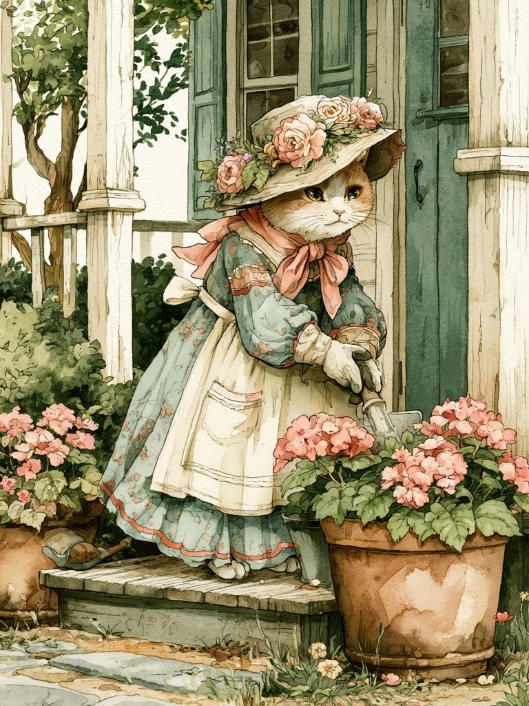 Floral Cat Garden Illustration Poster. poster detail