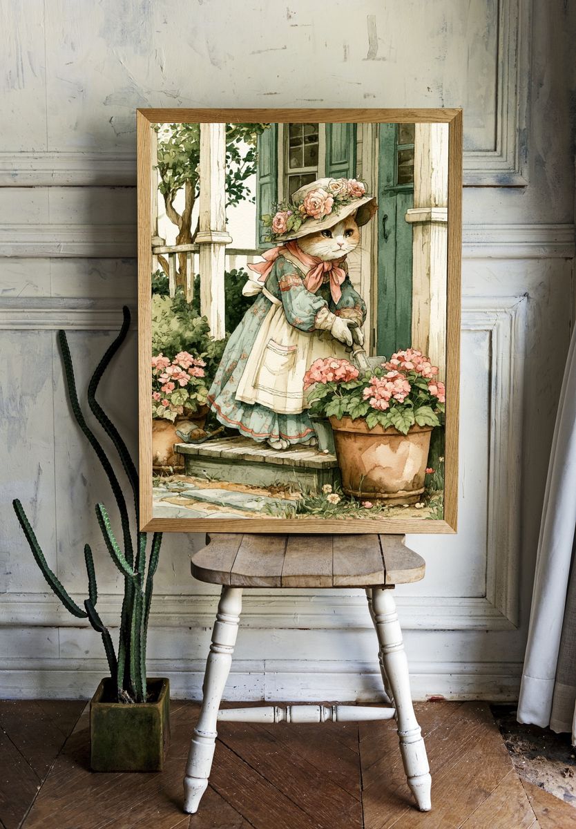 Floral Cat Garden Illustration Poster. — room view 1