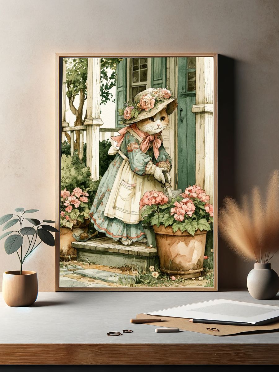 Floral Cat Garden Illustration Poster. — room view 2