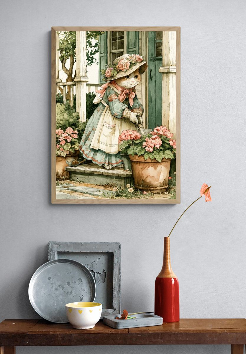 Floral Cat Garden Illustration Poster. — room view 3