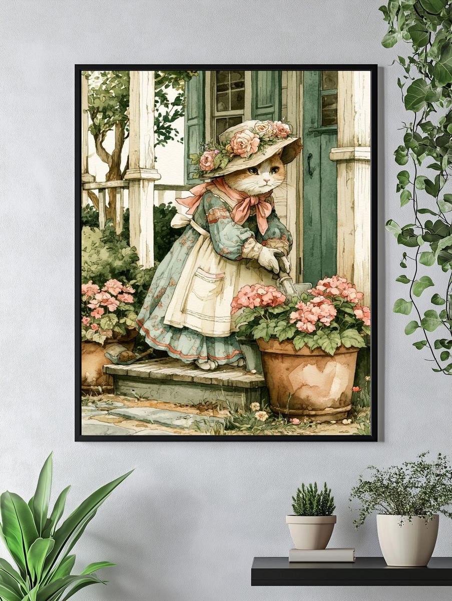 Floral Cat Garden Illustration Poster. — room view 4
