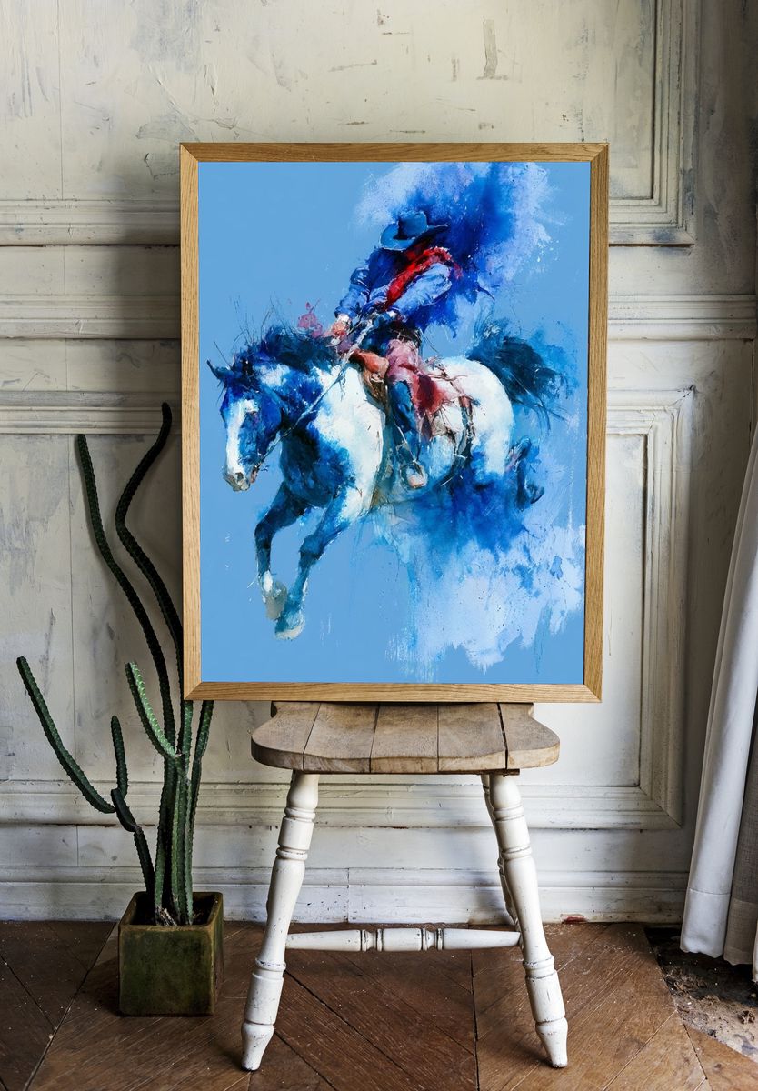 Blue Rodeo Horse Watercolor Poster. room preview
