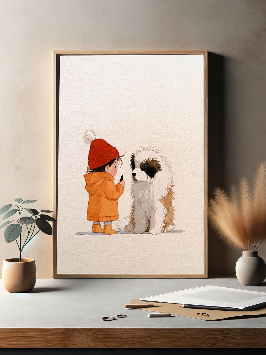 Child and Dog Watercolor Poster. — room view 2