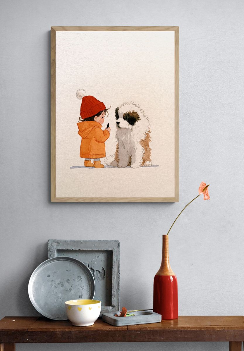 Child and Dog Watercolor Poster. — room view 3