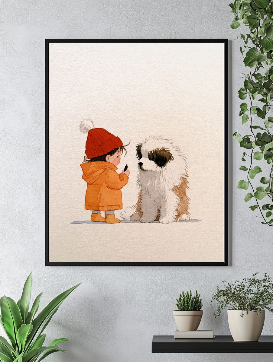 Child and Dog Watercolor Poster. — room view 4