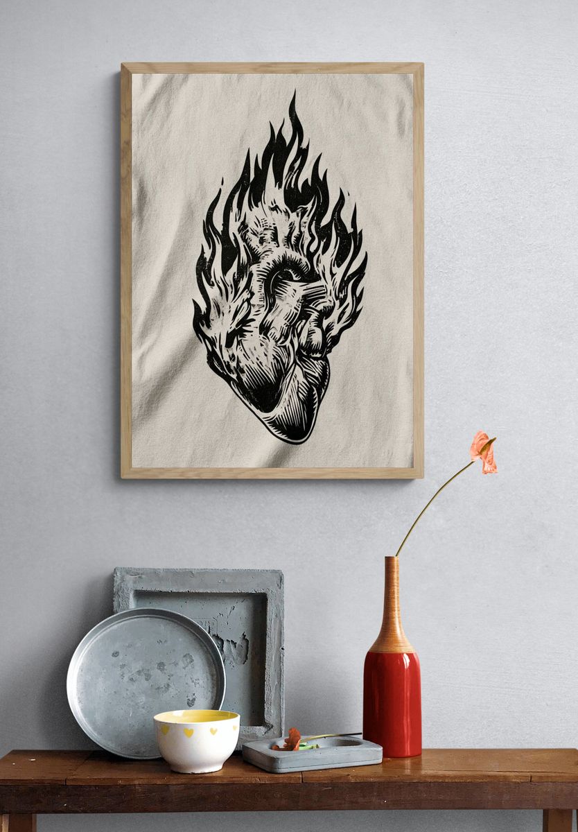 Flaming Heart Ink Illustration Poster. — room view 3