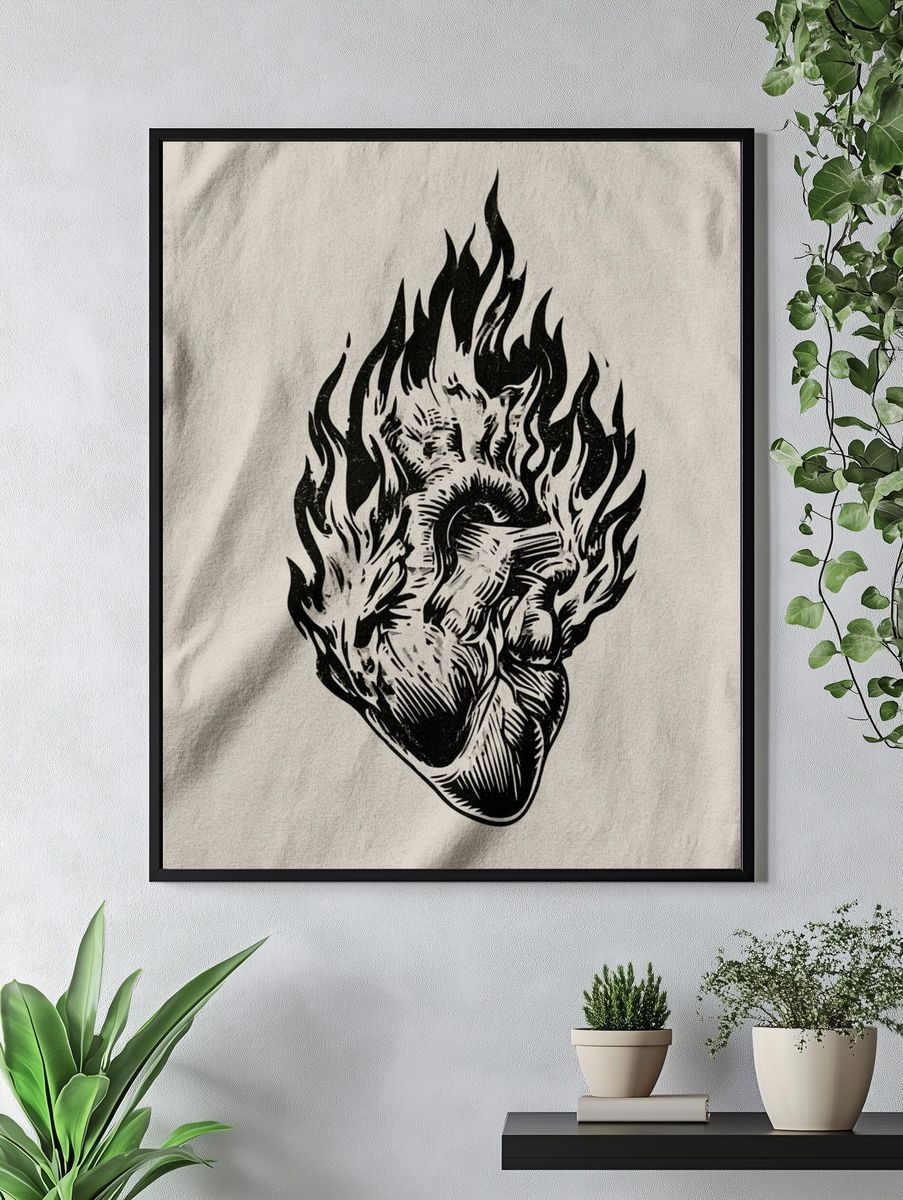 Flaming Heart Ink Illustration Poster. — room view 4