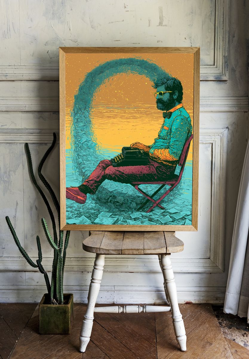 Typewriter Man Surreal Illustration Poster. room preview