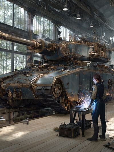 Steampunk Tank Workshop Illustration Poster. poster print
