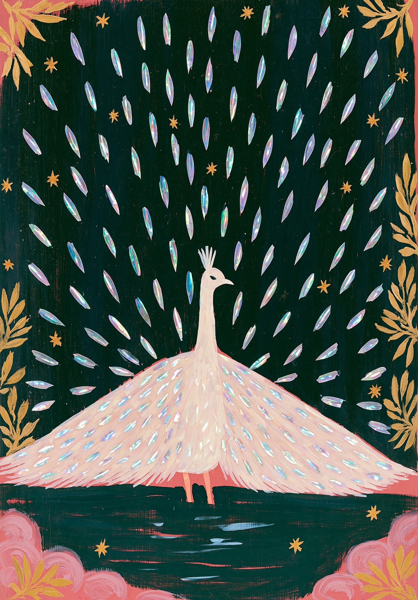 Peacock in Moonlit Garden Poster. poster — illustration art