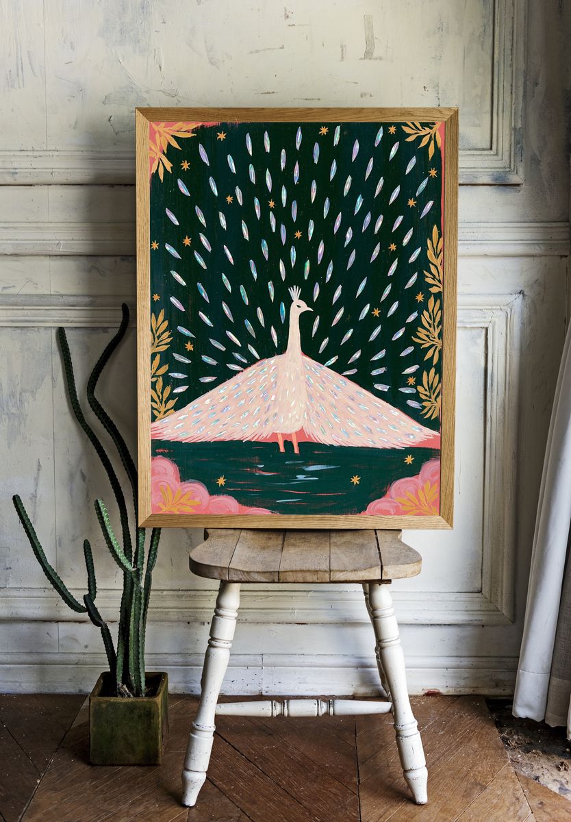 Peacock in Moonlit Garden Poster. room preview